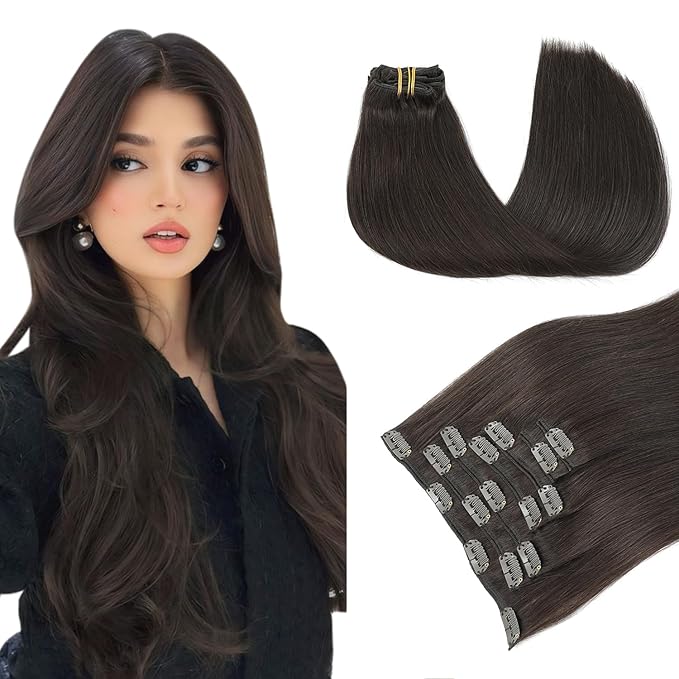 PINKPEARL Human Hair Extensions Clip ins 20inch Clip in Hair Extensions #2 Dark Brown Real Human Hair Clip on 120g 7pcs Remy Hair Clip ins for Women(#2-20)