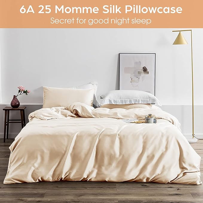 Silk Pillowcase for Hair and Skin, 2 Pack 100% Mulberry Silk Pillowcase 25 Momme, 600 Thread Count, Both Side Pure Silk Pillow Cover with Hidden Zipper (Beige, King 20''×36'')