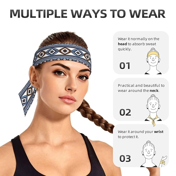 Men's Women Lovely Sports Sweat Band Hair Decor for Sports Workout Spa, Long Boho Style Colorful Surf Blue Tribal Navajo Aztec Geometric Ethnic Pattern Head Ribbon Headwear