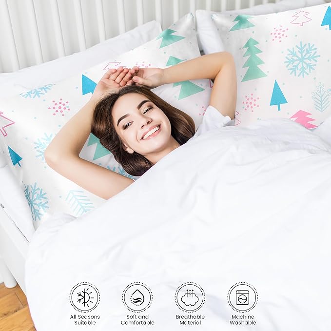 Christmas Tree Satin Pillowcase for Hair & Skin Care, Standard Size Set of 2 - Luxurious Satin Pillow Cover with Envelope Closure(20x26 Inches)