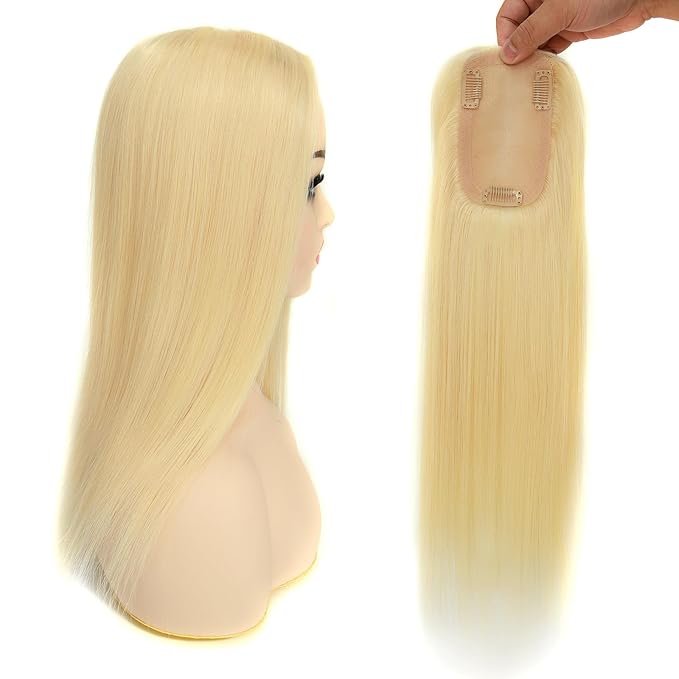 18 Inch Length Hair Toppers for Women with Thinning Hair, 3x5 Inch Injected Silk Base 130% Density Hairpieces #613 Bleach Blonde