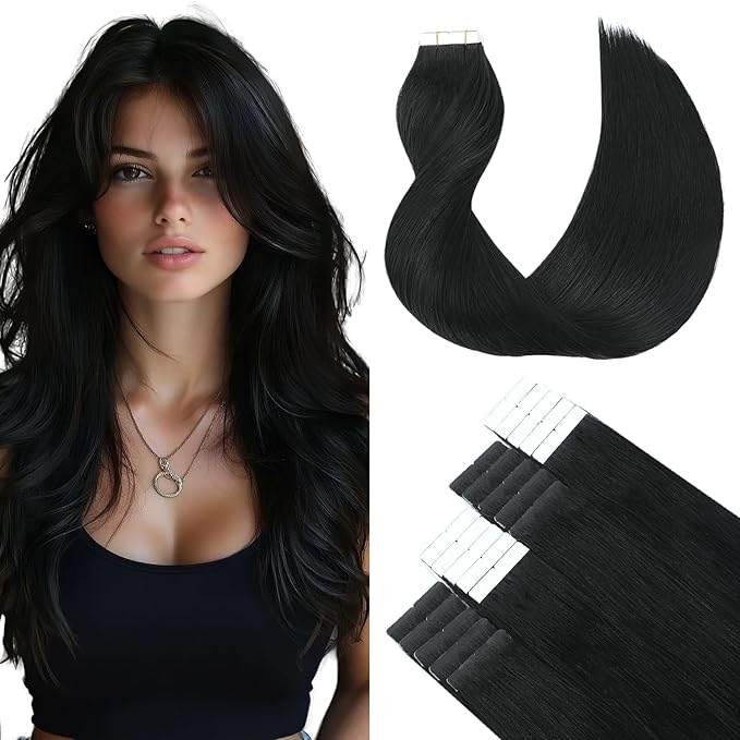 SURNEL Tape in Hair Extensions Straight Remy Tape in Hair Extensions Human Hair Color 1 Jet Black 18 inch 20pcs 50g(#1-18)