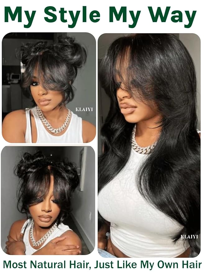 KLAIYI Fluffy Body Wave Curtain Bang Wig Bye Bye Knots Glueless Pre Cut 7x5 Lace Front Wigs Human Hair Loose Wave Pre Bleached Pre Plucked Pre Everything 3S Easy to Wear and Go Wig 180% Density 22Inch