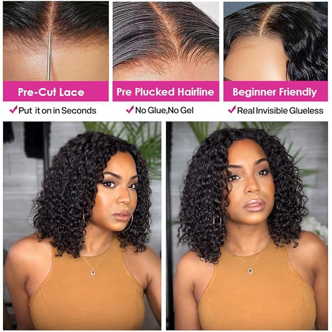 GOLFMAX 16 Inch Glueless Wigs Human Hair Pre Plucked Pre Cut Curly Bob Wig Human Hair Wear And Go Glueless Wigs 4x4 Lace Closure Short Human Hair Wig