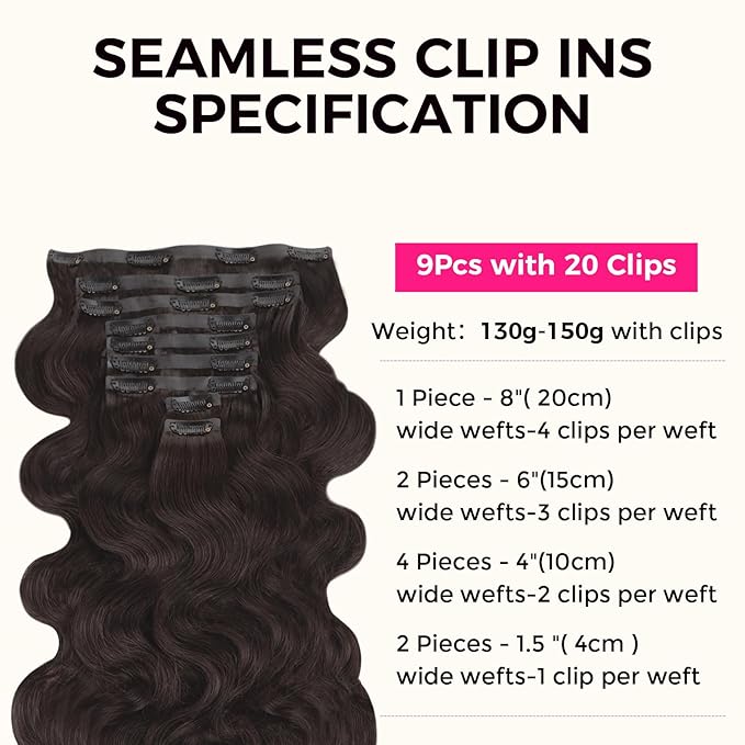 Lashey Seamless Clip in Hair Extensions Human Hair 130g 9pcs 14 Inch Body Wave #2 Dark Brown Clip in Hair Extensions for Women PU Weft Human Hair Clip ins Extensions