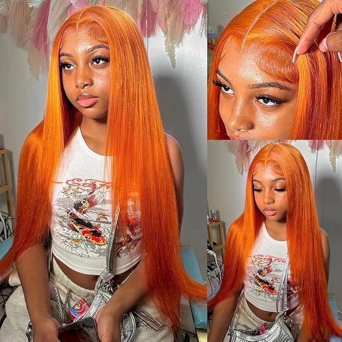 Ginger Orange Lace Front Wigs Human Hair 13x4 HD Transparent Straight Ginger Wig Human Hair Glueless Wigs Pre Plucked With Baby Hair 350 Colored 180% Density Ginger Wig 22 inch