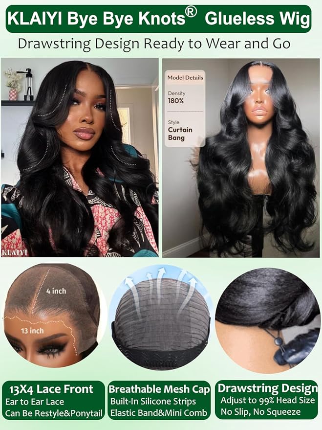 KLAIYI Loose Body Wave Pre Everything Glueless 13x4Lace Front Wig Human Hair Drawstring Precut Lace Pre Plucked Bleached Bye Bye Knots 3S Ready to Wear and Go Wig with Face Framing Curtain Bang 16Inch