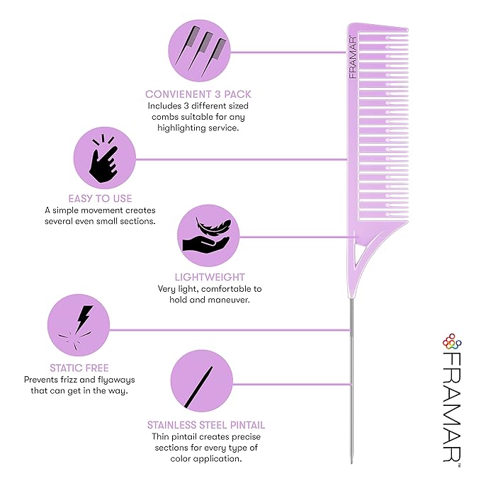FRAMAR Dreamweaver Highlight Comb Set - Professional Highlighting Comb With Parting Tip, Hair Dye Comb, Foiling Combs For Highlighting, Highlight Combs For Highlighting – 3 Pack Pastel