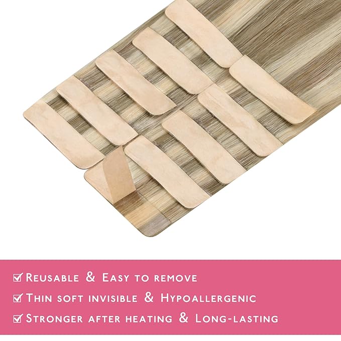 WENNALIFE Tape in Hair Extensions Human Hair Ash Brown with Platinum Blonde Highlights Tape in Extensions, 10pcs 30g 22 inch Remy Invisible Tape Ins Straight Colored Soft Refill Set