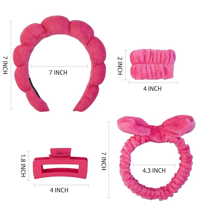 7 Pcs Spa Set, Facial Headband and Wristband Set, Skincare Accessories, College Style Girl Idea Gifts, Hair Accessories for Women and Girls（Hot Pink）