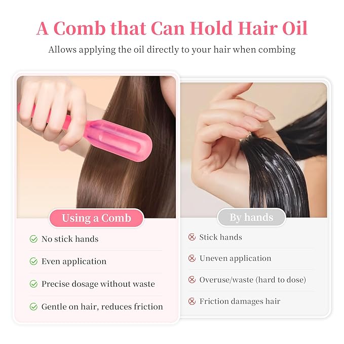 Hair Oil Applicator Comb, Hands-Clean Oiling Brush for Quick Even Application, Wide Teeth Oil Distribution Comb with 10ml Container/Scale Handle for Women/Girls Thick/Curly Hair Daily Care