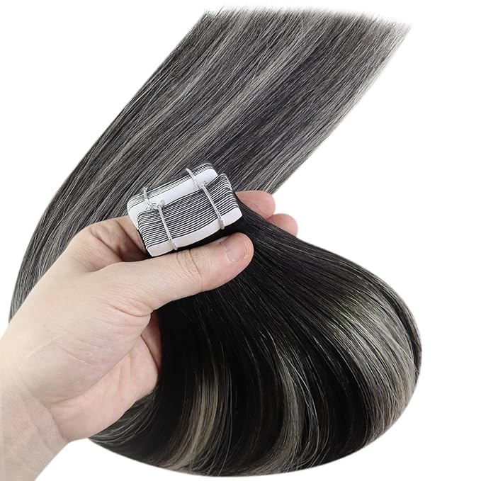 YoungSee Invisible Tape in Hair Extensions Real Human Hair Ombre Black Tape-in Remy Hair Extensions Blend Of Black and Silver Tape on Ombre Hair Extension for Long Straight Hair 24 Inch 50g 20pcs