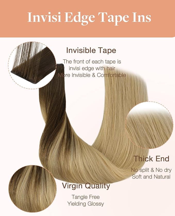GOO GOO Invisi Edge Tape in Hair Extensions Human Hair, 4/18 Balayage Chocolate Brown Highlighted Dirty Blonde 10pcs injected with 10pcs classical tape ins, 18inch 50g, Virgin Remy Hair, Natural Look