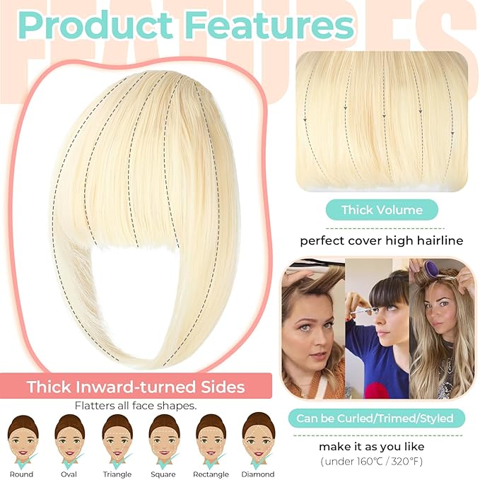 Clip in Bangs, Synthetic French Bangs Hair Clip, Fake Bangs Fringe with Temples Hairpieces for Women Natural Curved Hair Extensions for Daily Wear Bleach Blonde