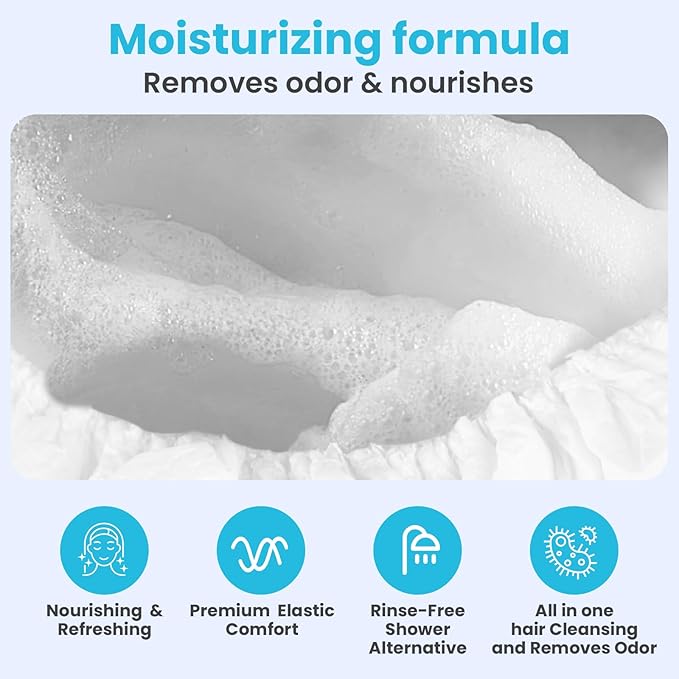 Drench Shampoo Caps No Rinse - Waterless Shampoo Cap and Conditioner - Dry Hair Wash Caps for Elderly or Bedridden - Contains Aloe Vera, Vitamin E and Provitamin B5-6 Counts