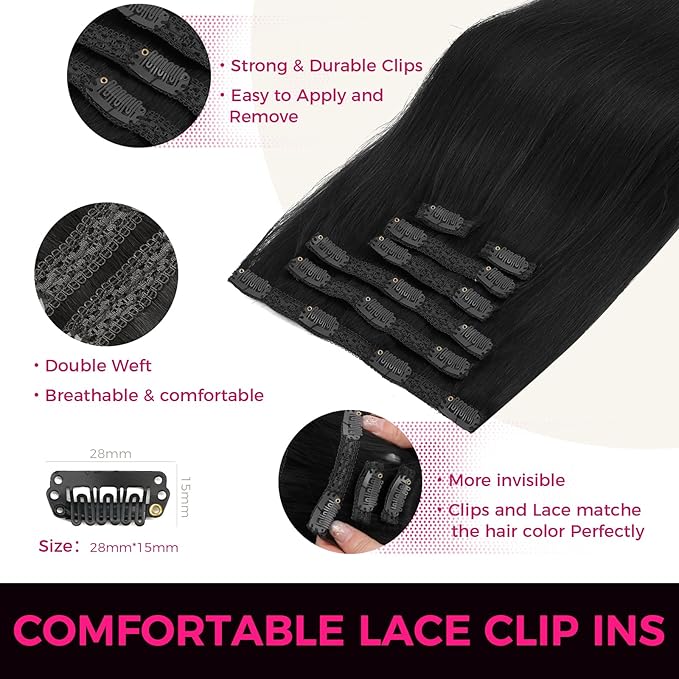 Lashey Clip in Hair Extensions Real Human Hair, 14 Inch 7pcs 120g #1 Jet Black, Straight Remy Human Hair Clip in Natural Thick Hair for Black Women