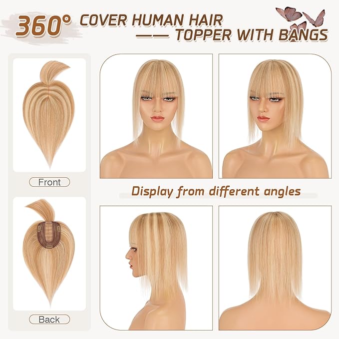 Rich Choices Real Human Hair Toppers for Women With Bang 100% Remy Human Hair Topper for Thinning Hair Clip in Silk Base Hair Topper 12 Inch #12P613 Golden Brown Mix Bleach Blonde
