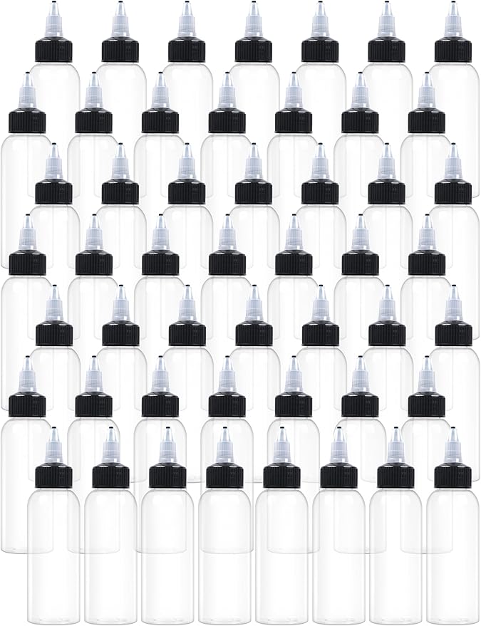 50 Pcs 2oz Plastic Squeeze Bottles with Twist Top Cap, 60ml Clear Dispensing Bottles, Empty Squirt Bottle for Liquids, Sauces, Arts, Crafts, Travel