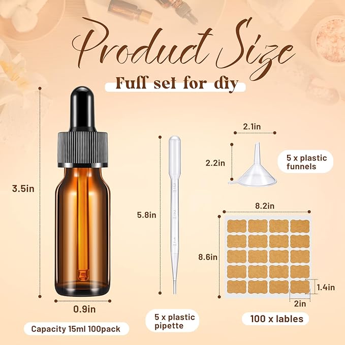 Lallisa 100 Pack Essential Oil Dropper Bottle 15 ml (1/2 oz) Glass Dropper Bottles DIY for DIY Essential Oil Perfume with 5 Funnels 5 Pipettes 3ml 100 Labels for Bathrooms, Hotels, Labs (Amber)