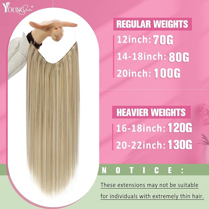 YoungSee 120G Wire Hair Extensions Highlight Human Hair Wire Extensions Golden Blonde Highlights Light Blonde Fish Line Extensions Hair for Women 18Inch