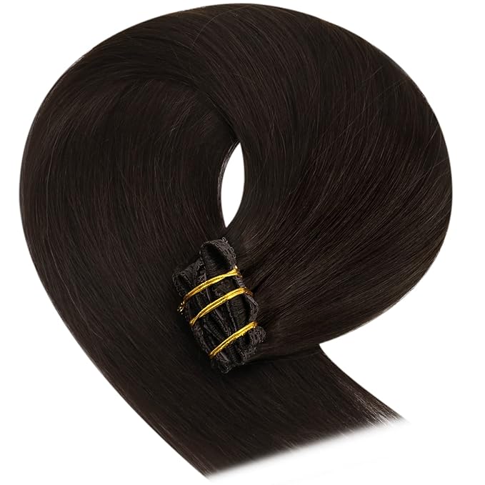 YoungSee Brown Clip in Human Hair Extensions Darkest Brown Clip on Hair Extensions Human Hair Dark Hair Extensions Clip ins for Natural Look 18Inch 120G 7Pcs