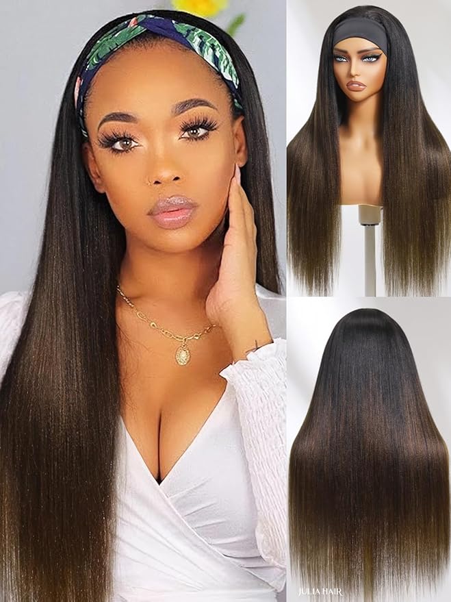 Julia Hair 12A Headband Wig Human Hair Yaki Straight Glueless None Lace Half Wig With Pre-attached Scarf Ombre Chestnut Brown Highlight With Dark Roots for Black Women Put on and Go 24 Inch