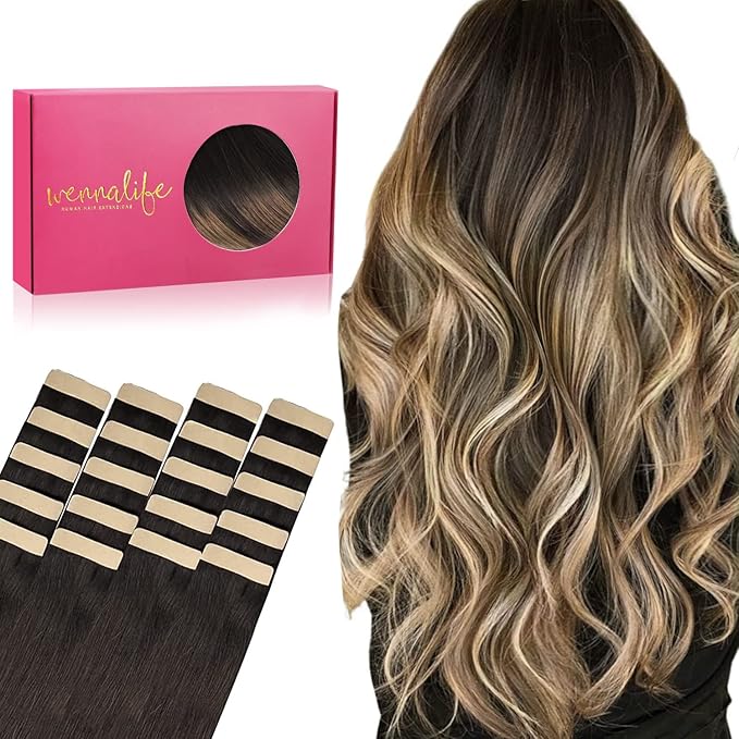 WENNALIFE Tape in Hair Extensions, 20pcs 14 Inch 50g Dark Brown to Chestnut Brown and Dirty Blonde Remy Human Hair, Coloured Tape Extensions