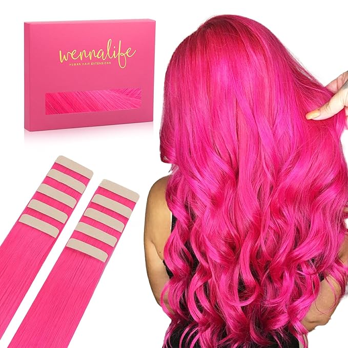 WENNALIFE Tape in Hair Extensions Human Hair Hot Pink Tape in Extensions, 10pcs 30g 26 inch Remy Invisible Tape Ins Straight Colored Soft Real Human Hair Tape in Extensions Refill Set Extensions