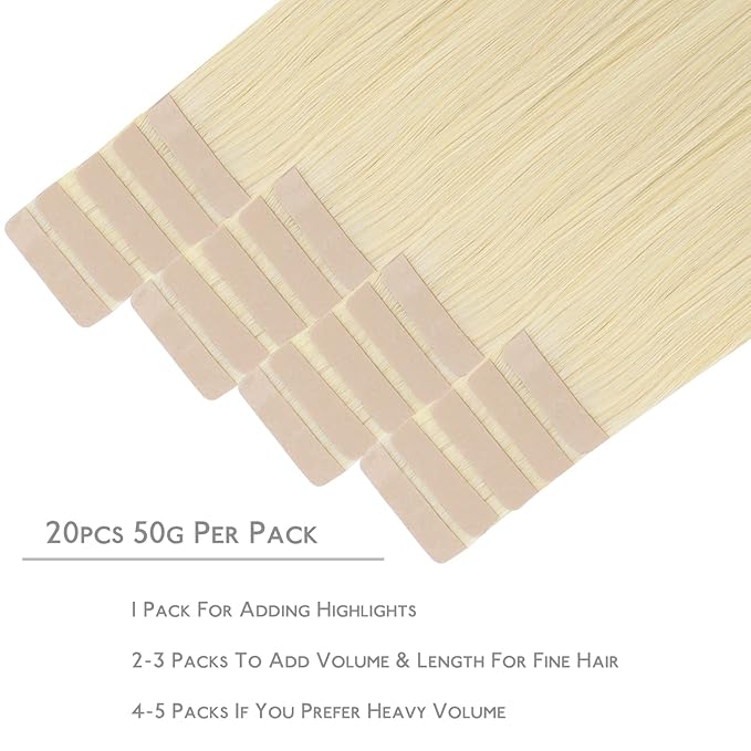 WENNALIFE Tape in Hair Extensions Human Hair, 20pcs 60g 26 inch Bleach Blonde Remy Hair Extensions Straight Human Hair Tape in Extensions Tape Ins Straight Extensiones De Cabello Humano Skin Weft