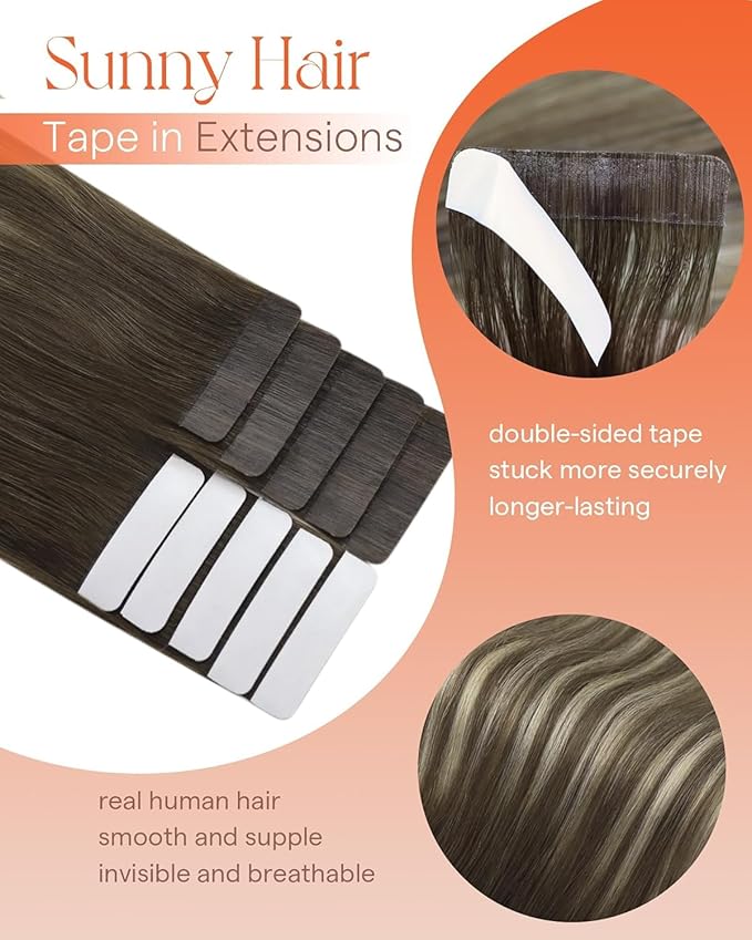 Sunny Hair Tape in Hair Extensions Real Human Hair Invisible Remy Hair Extensions Tape ins for Women Cool Brown Ombre Light Brown Balayage Medium Blonde 24 inch 25G