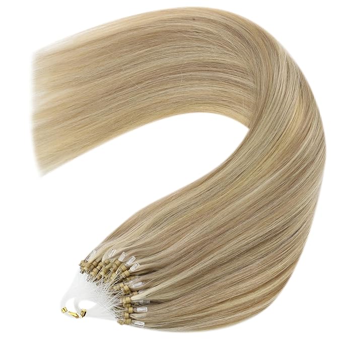 YoungSee Micro Link Hair Extensions Human Hair Blonde Microbead Hair Extensions Human Hair Golden Blonde Highlight Micro Ring Hair Extension 18In 50g 50s Beads Hair Extension Remy Hair for Wedding