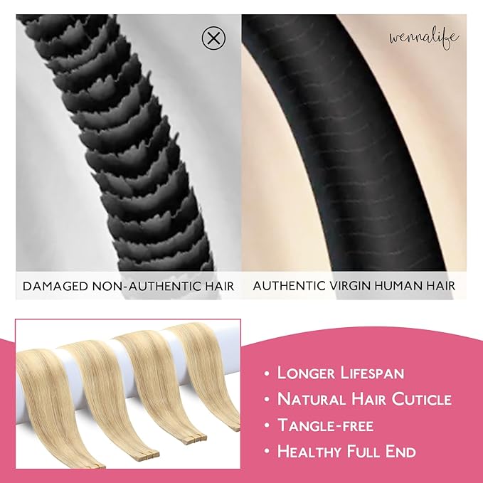 WENNALIFE Tape in Hair Extensions Human Hair Light Blonde Highlighted Golden Blonde Tape in Extensions, 10pcs 30g 26 inch Remy Invisible Tape Ins Straight Soft Real Human Hair Tape in Extensions