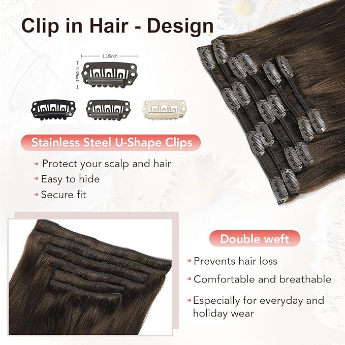 XDhair Clip in Hair Extensions Real Human Hair20 Inch 120g Dark Brown Clip in Hair Extensions Straight Human Hair for Women 6 Pcs #2 20 Inch