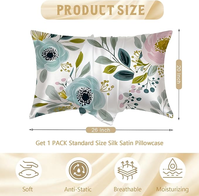 Silk Pillow Case for Hair and Skin Pink and Blue Floral Flowers Standard Size Silk Pillow Case with Zipper Super Soft Pillow Covers for Women Bed Sleeping, 20x26 Inches