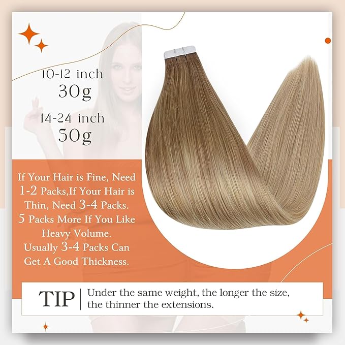 Full Shine Tape in Hair Extensions Real Human Hair 20 Inch Tape in Extensions Human Hair Color 10 Golden Brown to 14 Dark Blonde Remy Balayage Hair Extensions Tape ins 20 Pcs 50 Gram Straight Hair