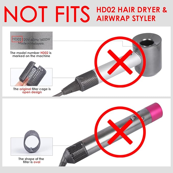 Magnetic Hair Dryer Filter Cover + Inner Filter Compatible with Dyson Supersonic HD01 HD03 HD08 HD15 Hair Dryer Replacement Parts, Hair Dryer Outer Filter Repair Accessories (Metallic Gray)