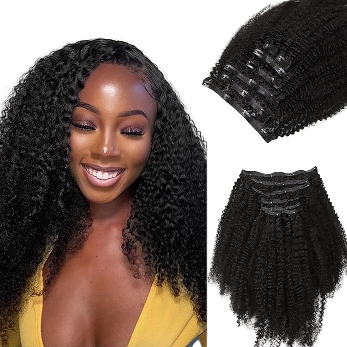 Lashey Clip in Hair Extensions 20 Inch 110g 7pcs Seamless Clip in Hair Extensions Human Hair Afro Kinky Curly Clip Ins for Women, #1B Natural Black 4C