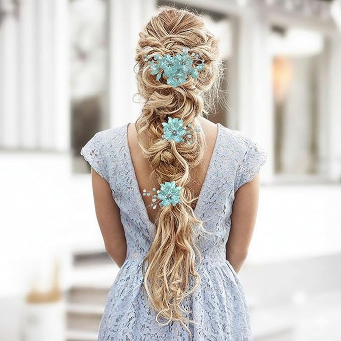 3 PCS Large Flower Bridal Wedding Hair Pins Crystal Pearl Hair Clips Headpiece Bride Hair Accessories Jewelry with Rhinestone, Glitter Emboss Blue Flower