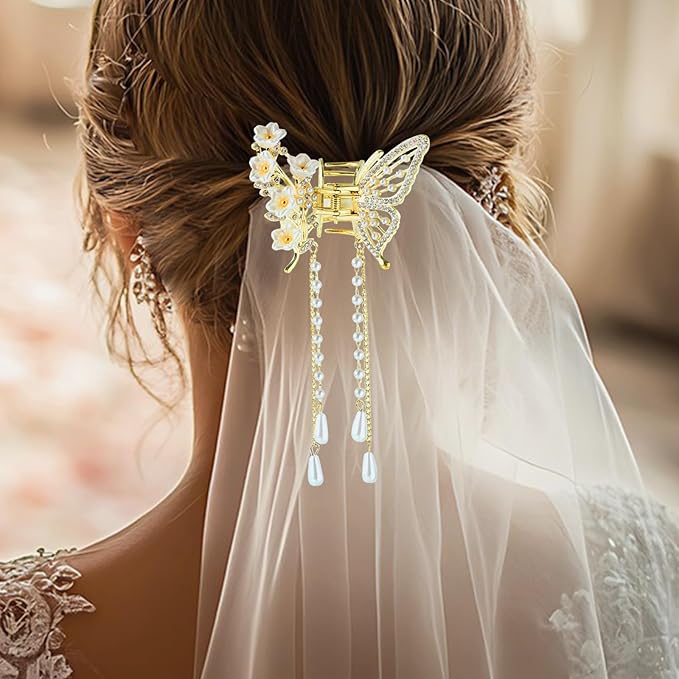 3PCS Butterfly Hair Claw Clip With Pearl and Rhinestone Tassel, Metal Small Hair Clips, Cute Hair Styling Accessories for Women and Girls, Gold