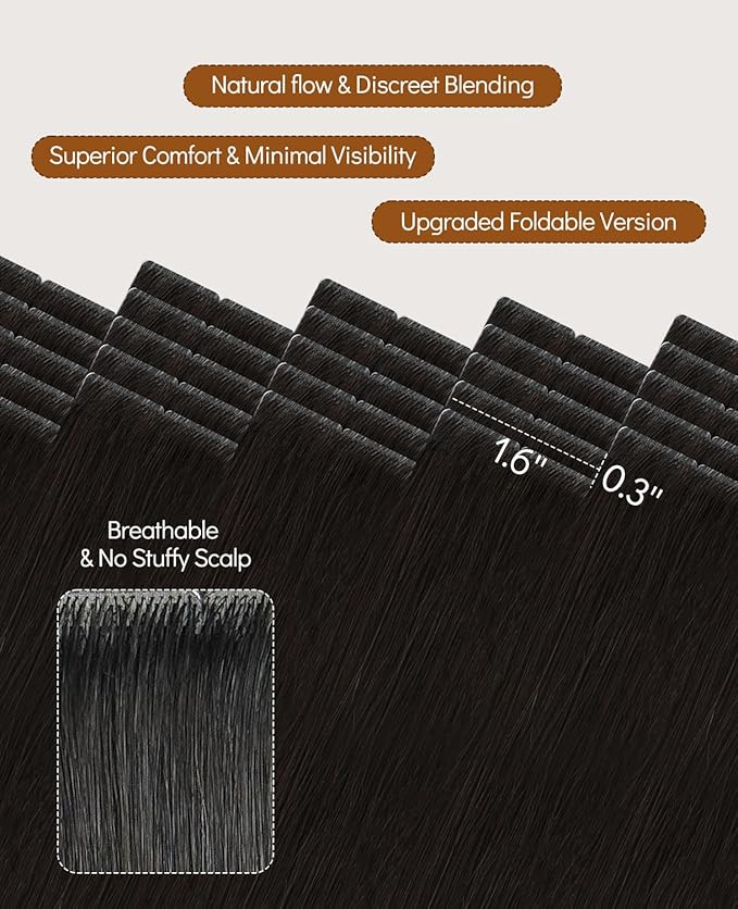 VINBAO Injected Tape in Extensions Human Hair Invisible Hair Extensions Tape in Invisi Edge, Off Black 40g 20pcs 14in Seamless Natural Blend 14inch #1B