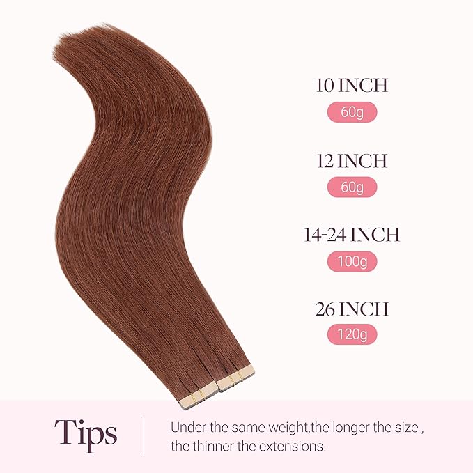 GOO GOO Tape in Hair Extensions Human Hair, #33B Dark Auburn Copper, 18inch 100g 40pcs, Skin Weft Seamless Invisible, Silky Straight with Thick Ends, Remy Human Hair
