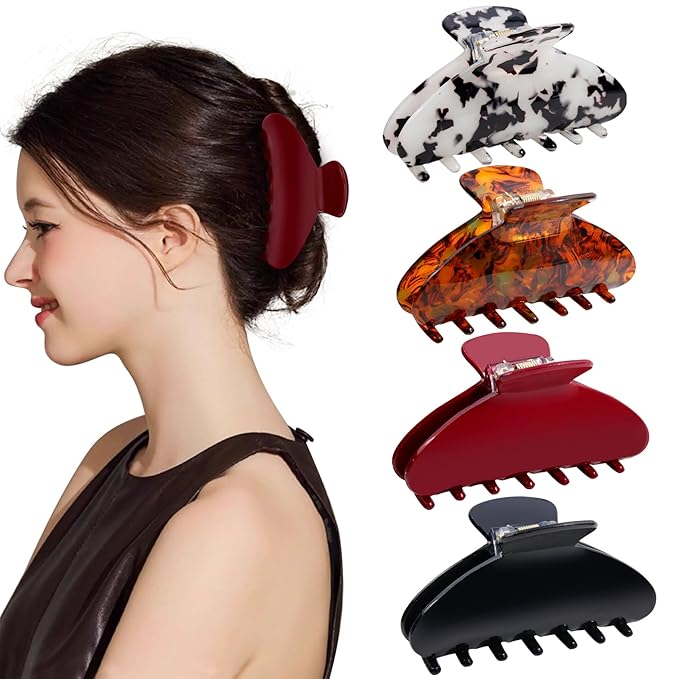4Pcs Large Acrylic Hair Claw Clips for Women Girls - Cute Cherry Red Claw Clips for Thick Hair, Strong Grip Non-Slip Barrettes Clips
