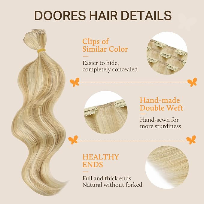 DOORES Hair Extensions Clip in Human Hair, Dirty Blonde Highlight Golden Blonde 150g 9pcs 20 Inch, Remy Hair Extensions Clip in Real Human Hair Extensions Clip in Straight Natural Hair Extensions