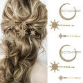 6 Pieces Rhinestone Stars Moon Hair Clips Vintage Star Hairpins Crystal Decorative Bobby Pins Metal Alloy Hair Pins Snowflake Side Clip Hair Accessories for Women Girls (Gold)