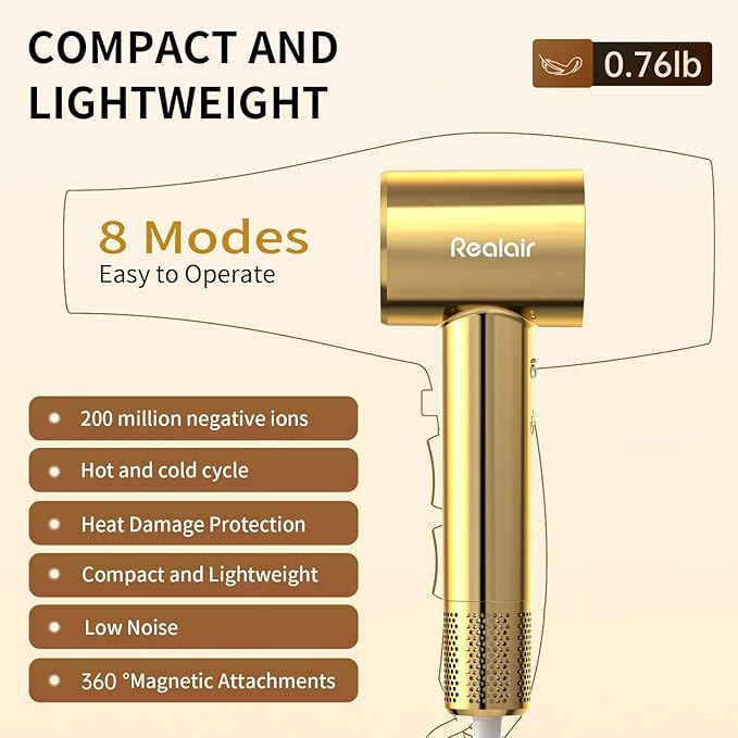 Hair Dryer High-Speed Ionic Blow Dryer with Magnetic Oil Diffuser & 200M Negative Ions for Fast Drying High-Speed Blow Dryer for Women Men Lightweight Quiet Hairdryer for Travel & Home Salon