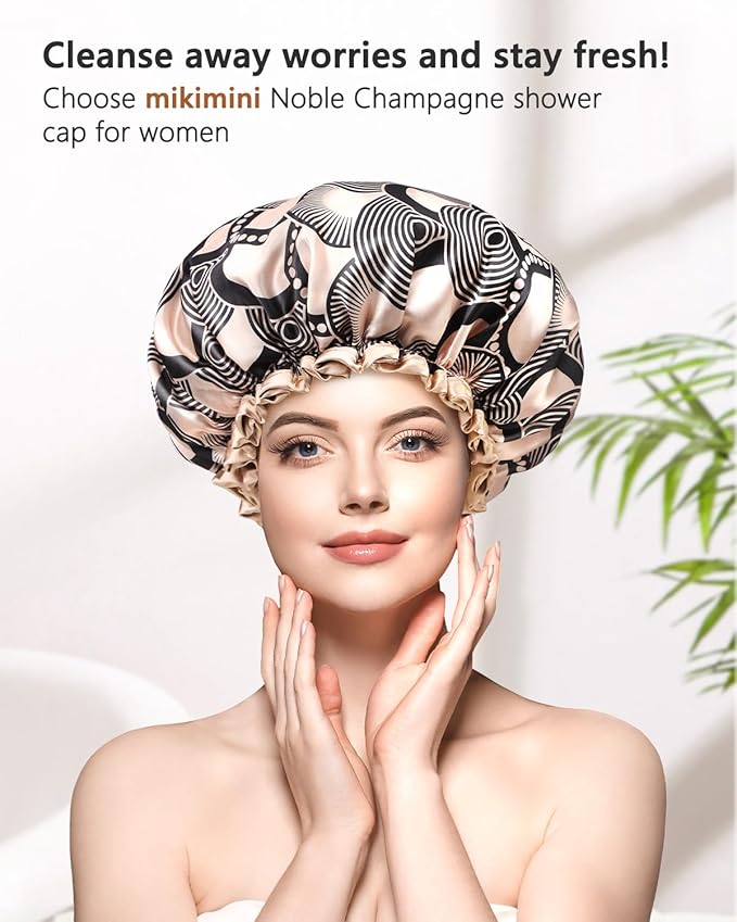 mikimini Large Shower Cap for Women Long Hair, Champagne Shower Caps with Lace, Double Layer Waterproof, Reusable, Washable, High-quality