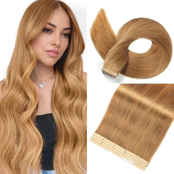 Tape in Hair Extensions Human Hair 16 Inch 20pcs Invisible Tape ins Hair Extensions Real Human Hair Caramel Blonde Remy Seamless Injected Tape Extensions