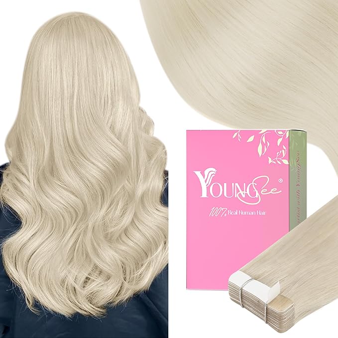 YoungSee Platinum Blonde Tape in Hair Extensions Real Human Hair 22In Platinum Blonde Tape in Hair Extensions 20pcs Invisible Tape-in Extension Long Tapes in Hair Extension Human Hair Straight 50g