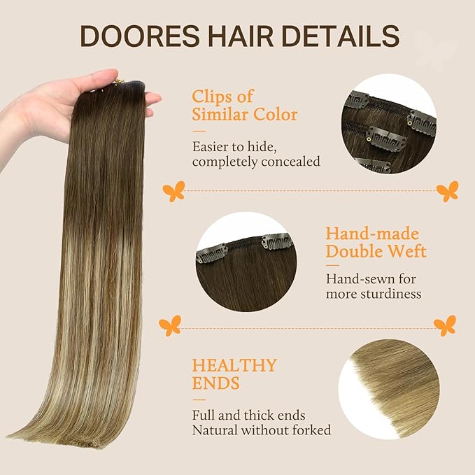 DOORES Hair Extensions Clip in Human Hair Balayage Walnut Brown to Ash Brown and Bleach Blonde 120g 7pcs 20inch Real Hair Extensions Clip in Straight Natural Thick Weft