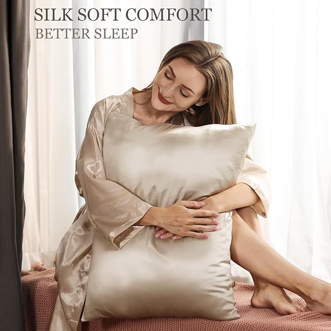 Adubor Silk Pillowcase 2 Pack for Hair and Skin with Hidden Zipper, Both Sides 23 Momme Silk Pillow Case (Beige, Standard: 20''x26'')